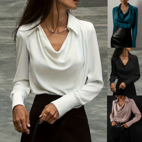 Dame elegant bluse med dyb vandfaldudskæring og lange ærmer Stilla