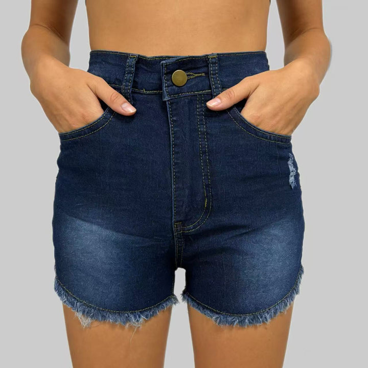 Dame højskårne denim shorts i trendy franse-look Skovae