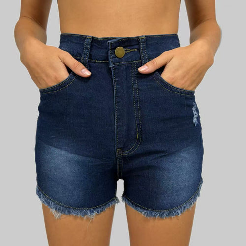 Dame højskårne denim shorts i trendy franse-look Skovae