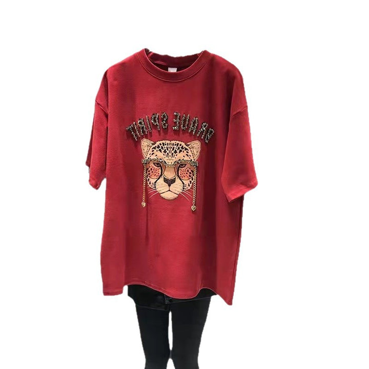 Dame T-shirt med moderigtigt leopardmotiv og glitterende accenter Stilla