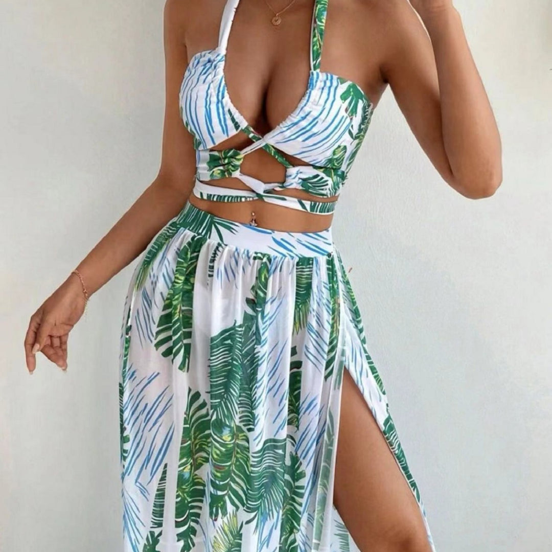 Dame maxikjole med moderne cut-out og eksotisk bladdesign Stilla