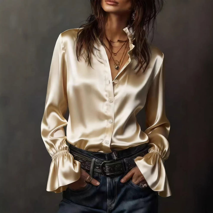 Dame Elegant silke bluse med rynker ved ærmerne Skovae