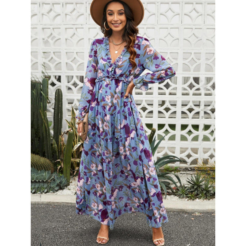 Femme Floral Maxi Kjole med Ruffle ærmer og dyb V-nakke Stilla