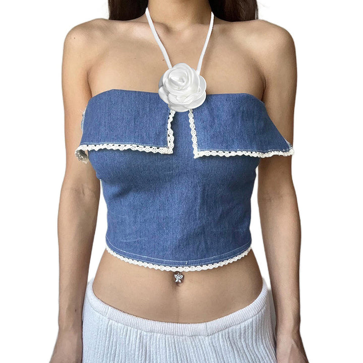 Dame Crop-Top med blomsterapplikation og dekorativ skæring Stilla