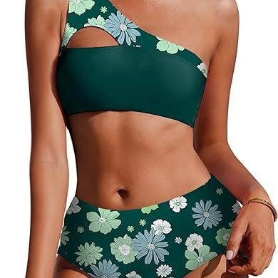 Dame bikini-sæt med asymmetrisk design og blomsterakenter Stilla