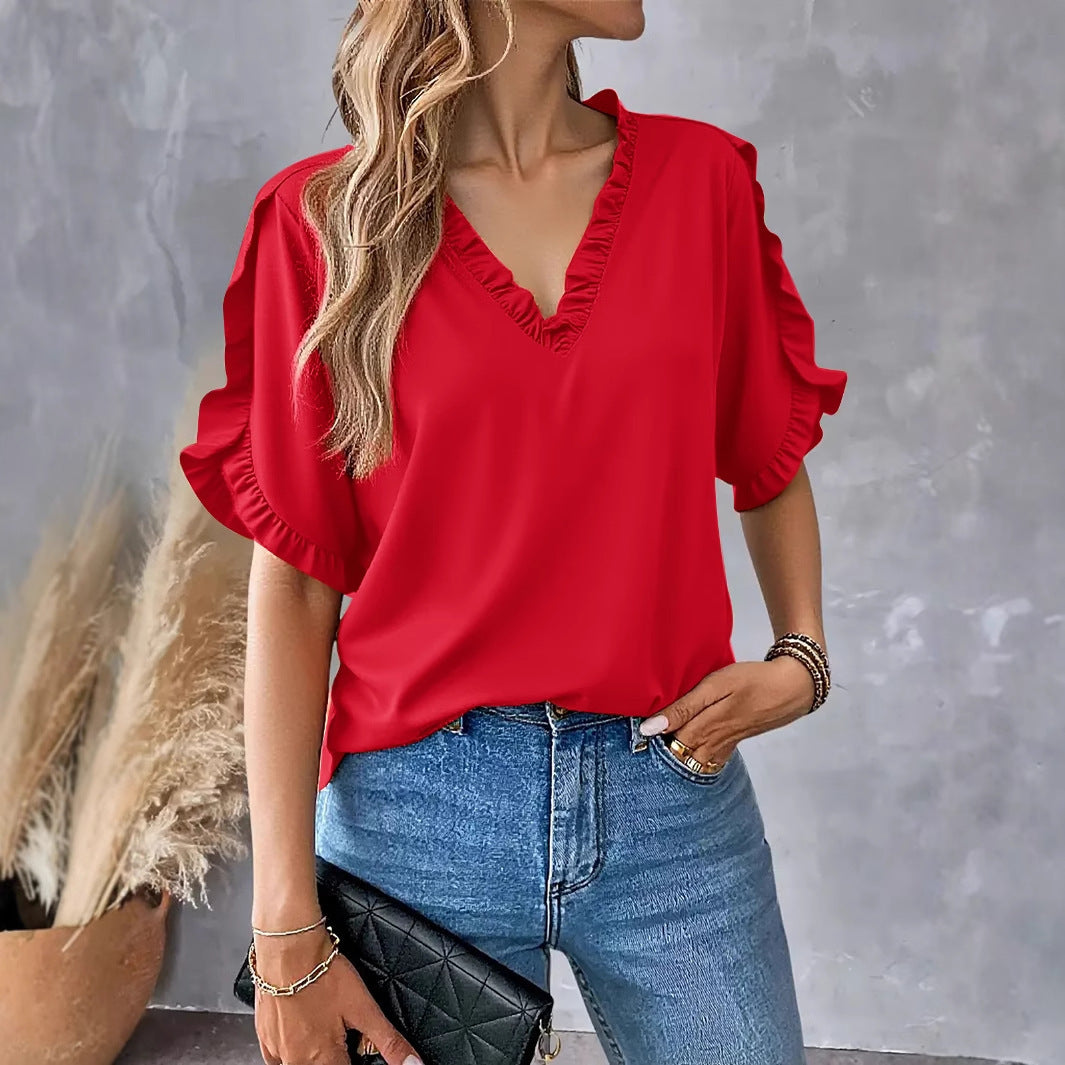 Dame afslappet bluse med ruffles ærmer og V-hals Stilla