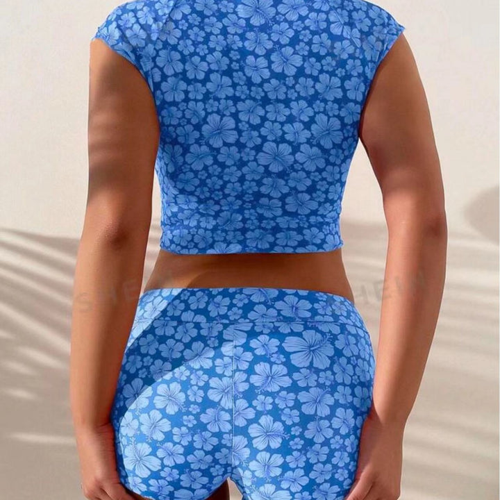 Dame Sporty Crop-Top og Shorts-Sæt med blomstret design Stilla