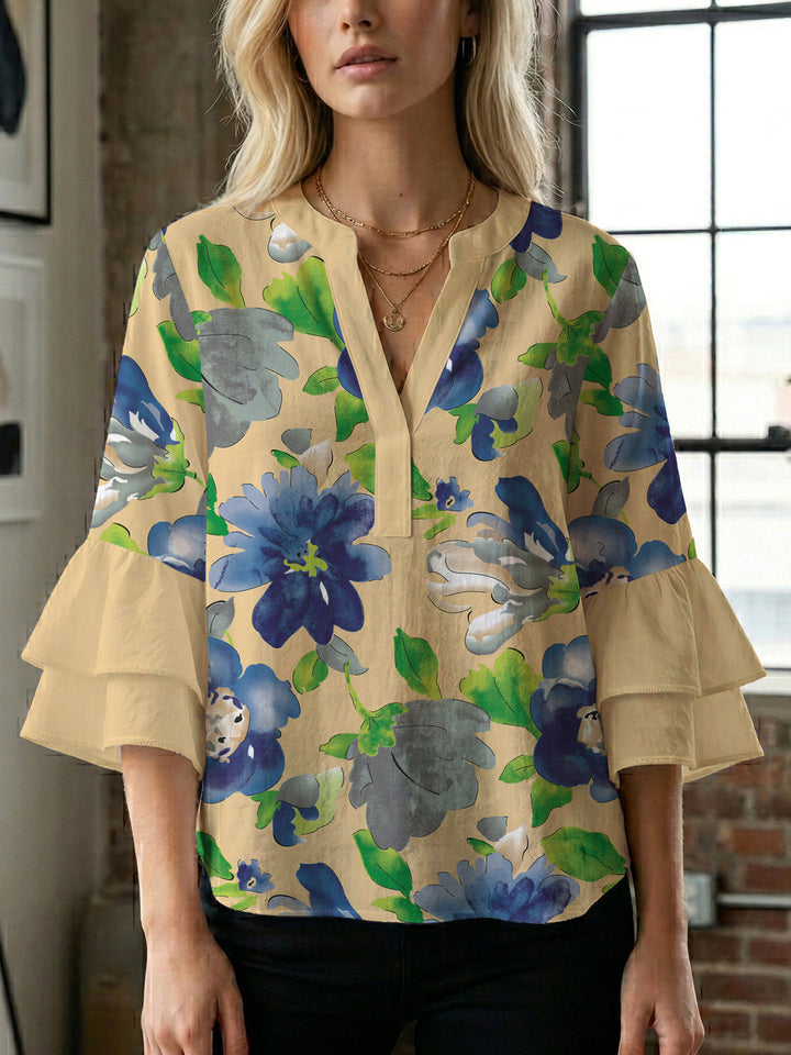 Dame skjorte med voluminøse ærmer og blomsterdesign Skovae