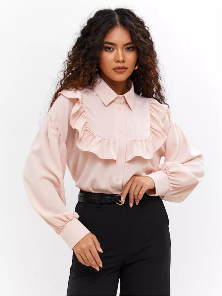 Dame elegant bluse skjorte med flæser og blød bomuldsstof Stilla