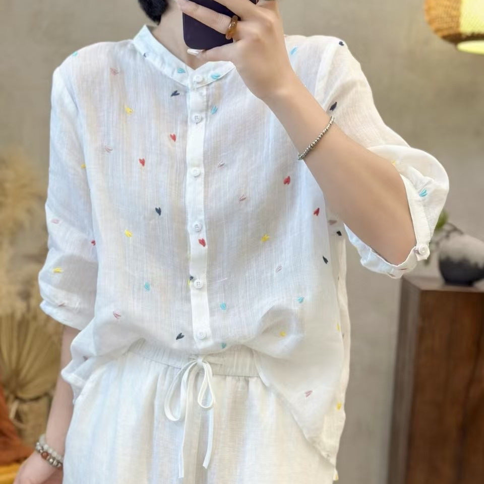 Dame Fritid Let Broderet Button-Up Skjorte Stilla