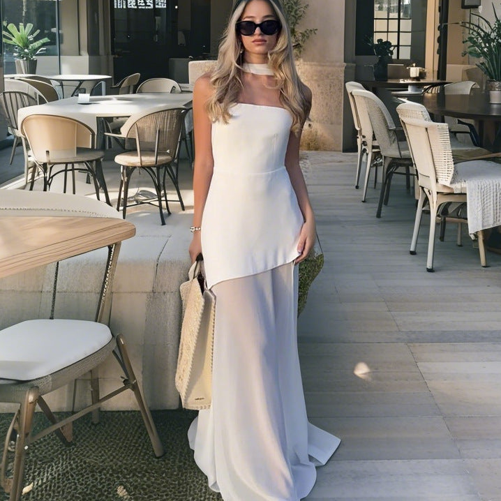 Dame skulderfri aften kjole med asymmetrisk snit og elegant drapering Skovae