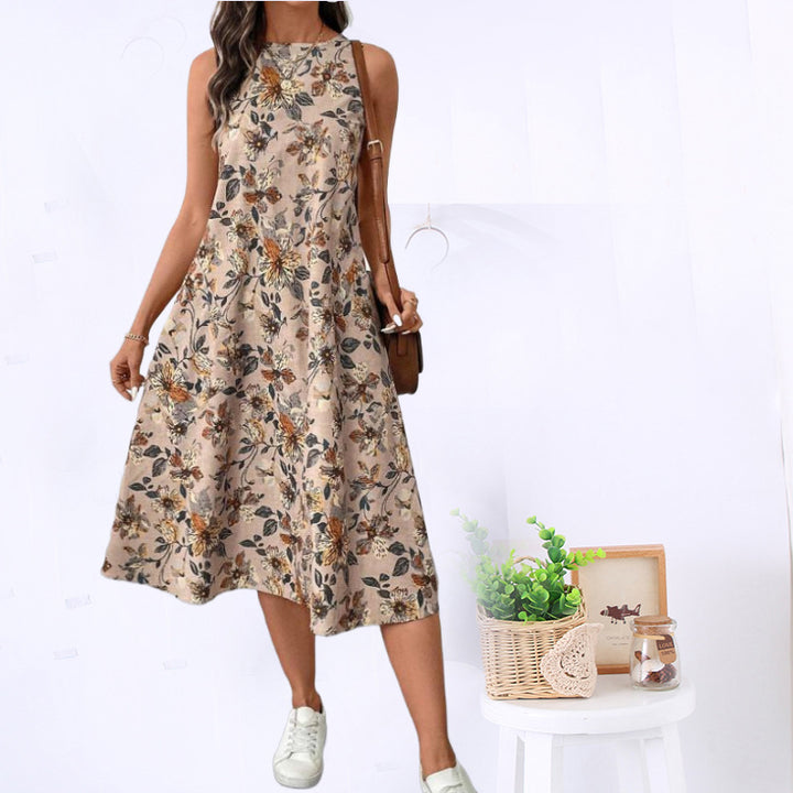 Dame Floral Print Midi Kjole med Sidelommer Stilla
