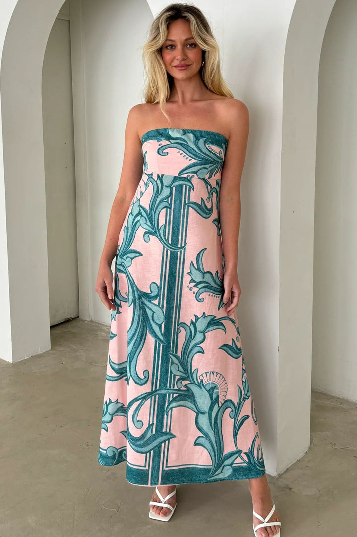 Kvindernes Bandeau Maxi Kjole med Elegant Blomstertryk og Flowsk Skæring