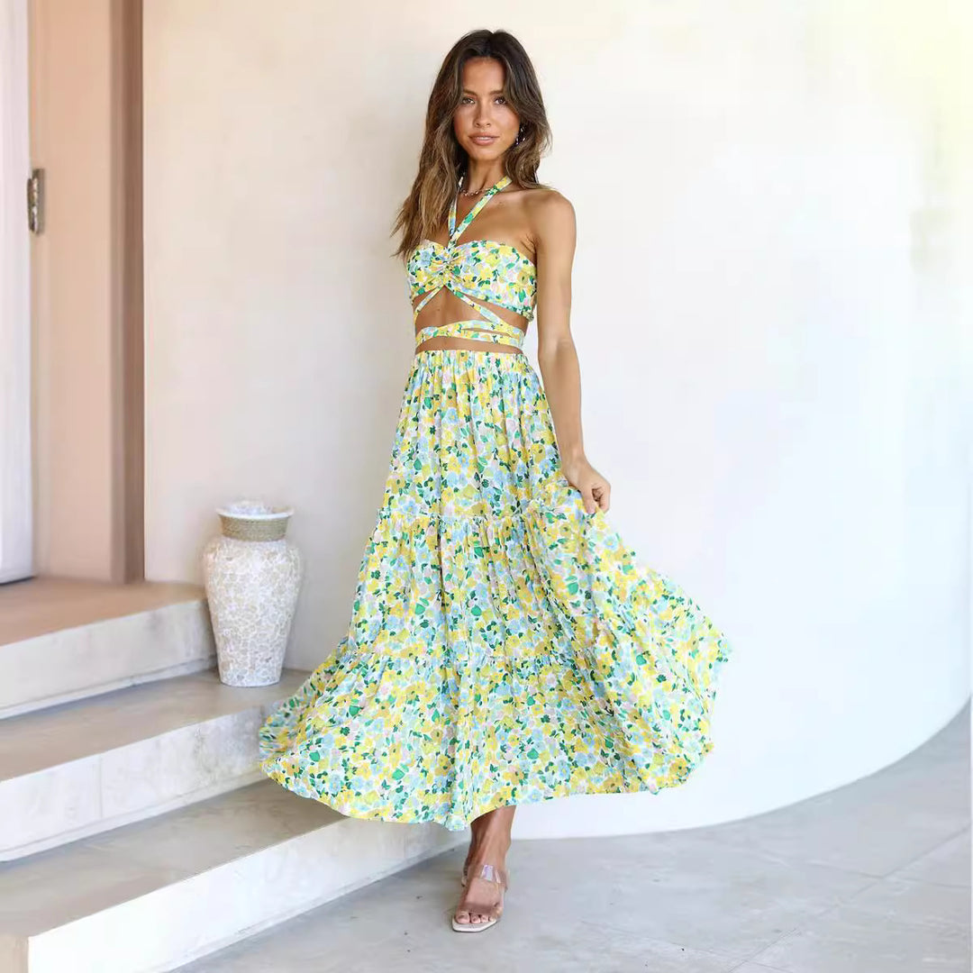 Femme Cut-Out Blumen Crop Top og Maxi Nederdel Sæt Stilla