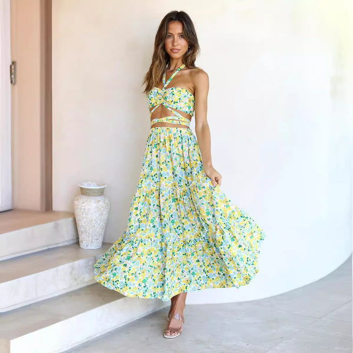 Femme Cut-Out Blumen Crop Top og Maxi Nederdel Sæt Stilla
