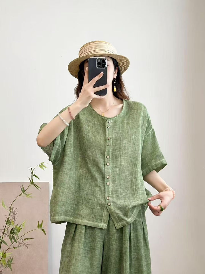 Femme Kortærmet-Linned-Knap-Op-Bluse Stilla