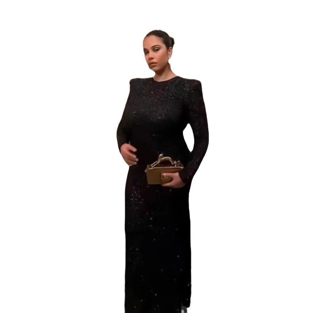 Dame Elegant Langærmet Aftenkjole med glitrende Pailletter og moderne Design Stilla