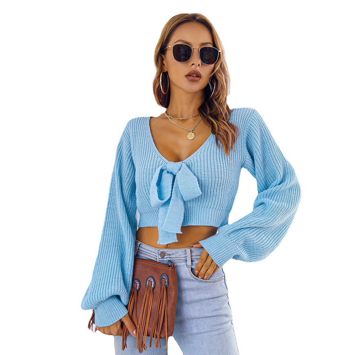 Dame strikket cropped top med V-hals og sløjfedetaljer Stilla