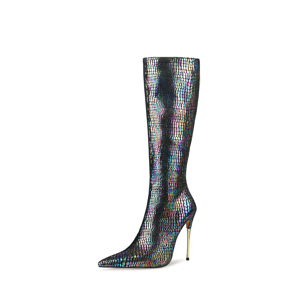 Femme Statement Over-knæet Stiletto Støvler med iriserende Finish Stilla