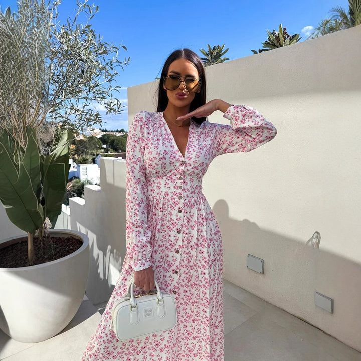 Dame Floral Print Maxi Kjole med justerbart taljebælte Stilla