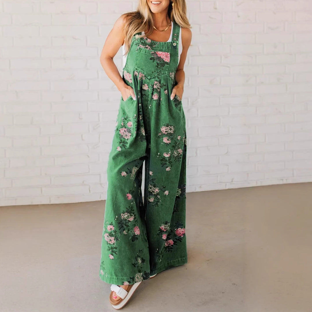 Dame bomulds-overall med blomstret print og brede ben Stilla