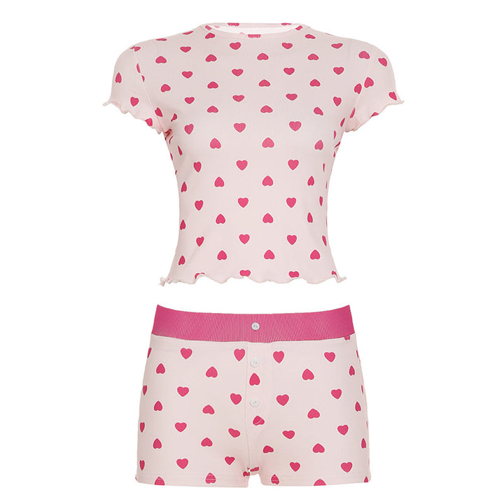 Dame Pyjama Sæt med hjerteformet mønster og elastisk waistband Skovae