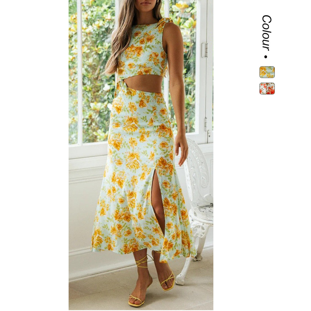Women's two-piece set made of floral fabric with high slit and fitted top Skovae