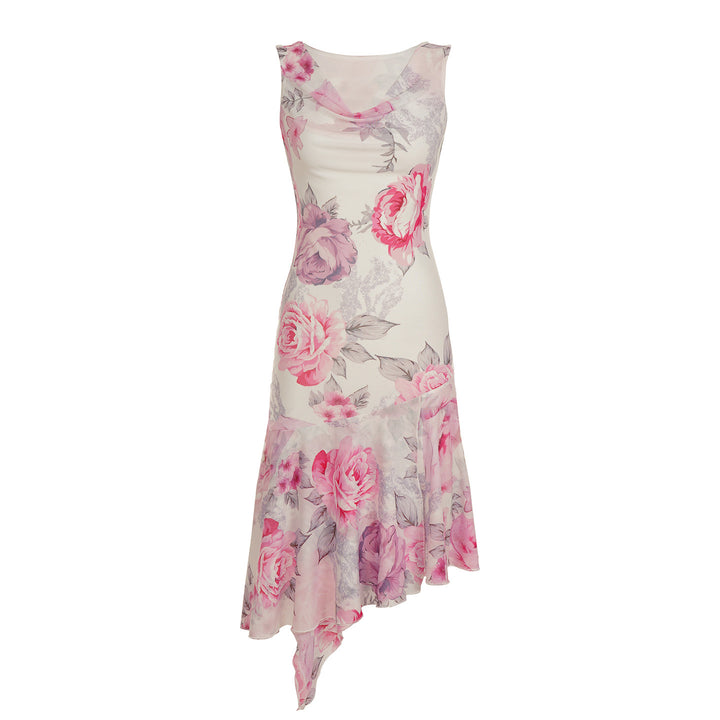 Dame elegant asymmetrisk kjole med florale accenter Skovae