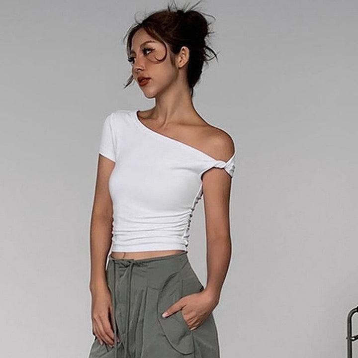 Dame skulderfri crop-top med ruf og fashionable knuder Skovae