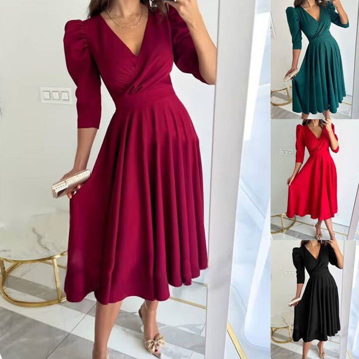 Dame Elegant Midikjole med Puffærmer Stilla