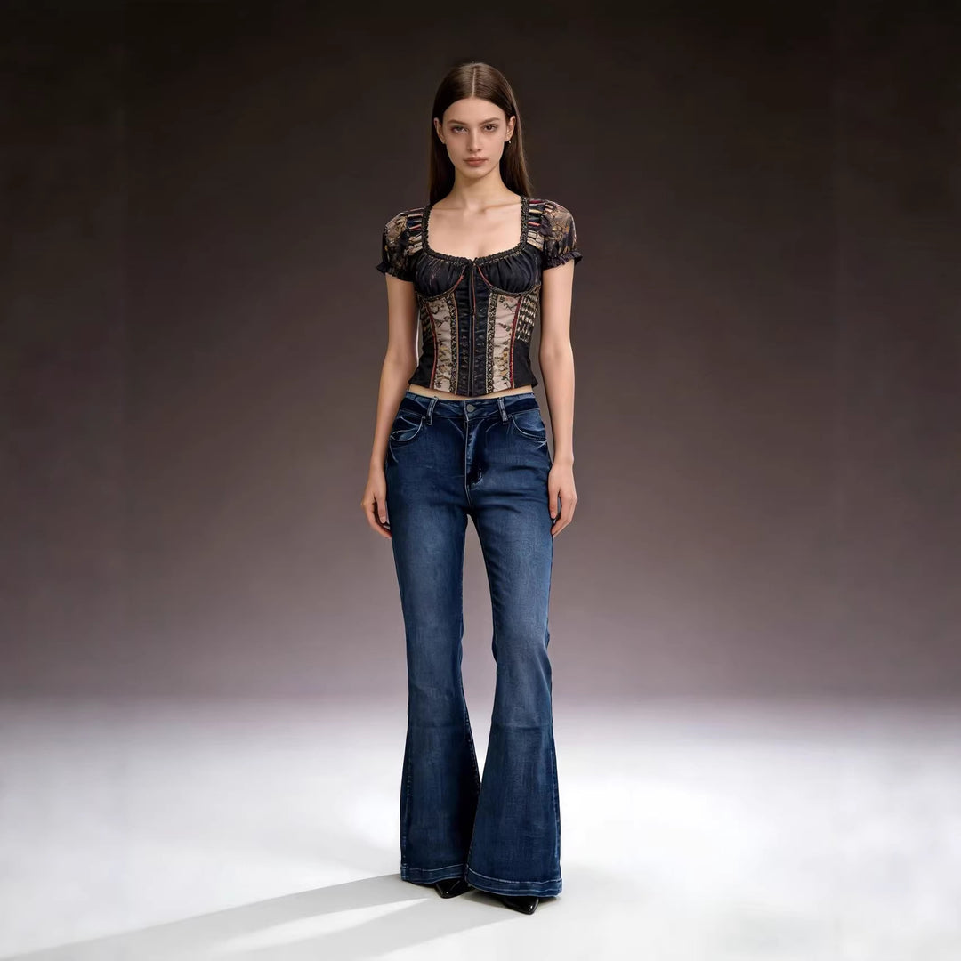 Damer elegant cropped top med puffærmer og vintage broderi Skovae