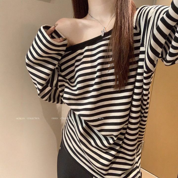 Kvinders afslappede oversized off-shoulder langærmet skjorte med stribet mønster Stilla