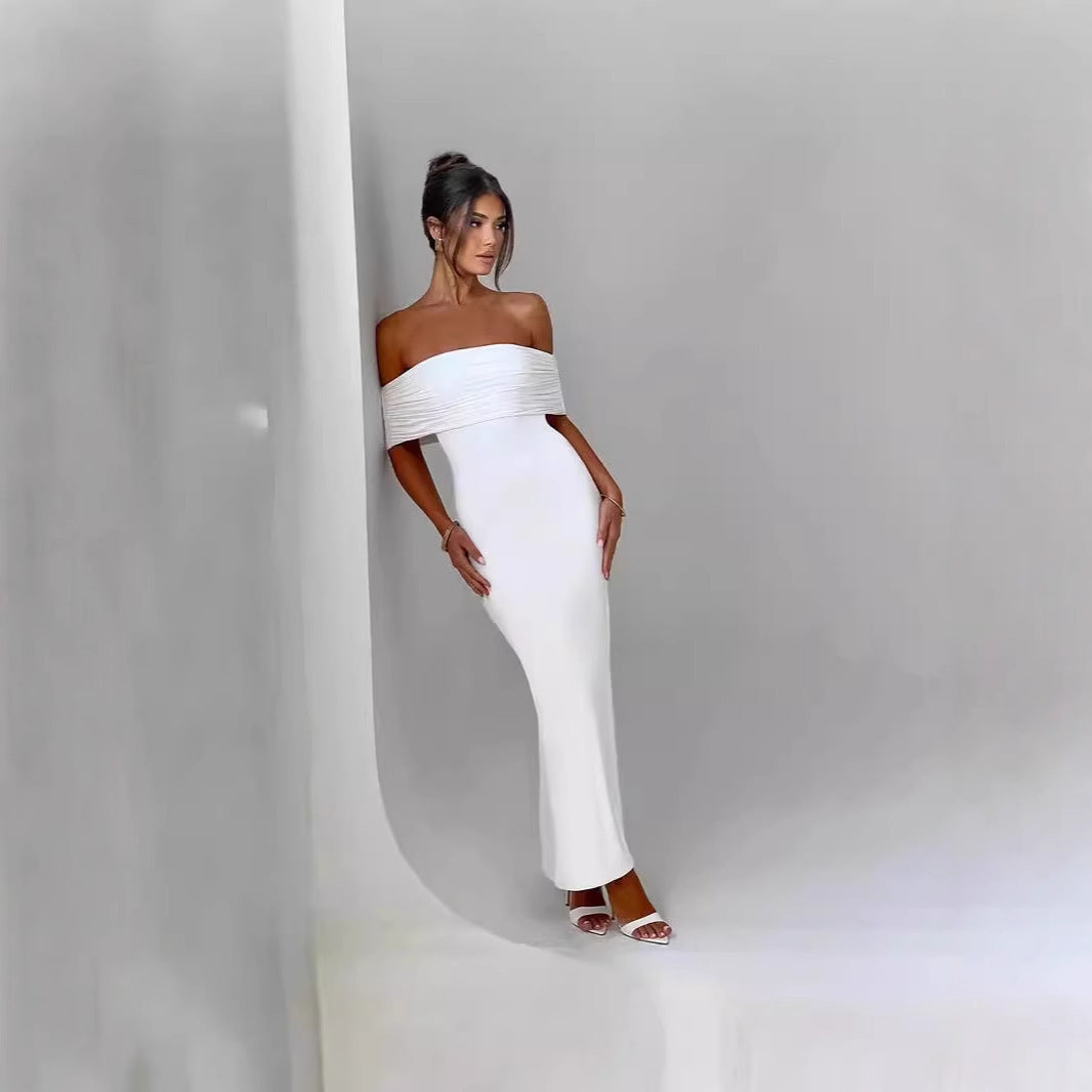 Dame Elegant omslagskjole med off-shoulder udskæring og tætsiddende snit Skovae