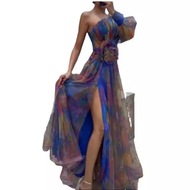 Dame Elegant Maxi Kjole med Asymmetrisk Design og Blomster Accenter Skovae