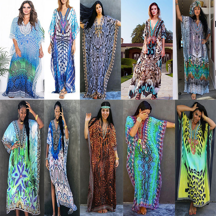 Dame Maxi-Kaftan med eksotisk mønstermix og elegant V-udskæring Stilla