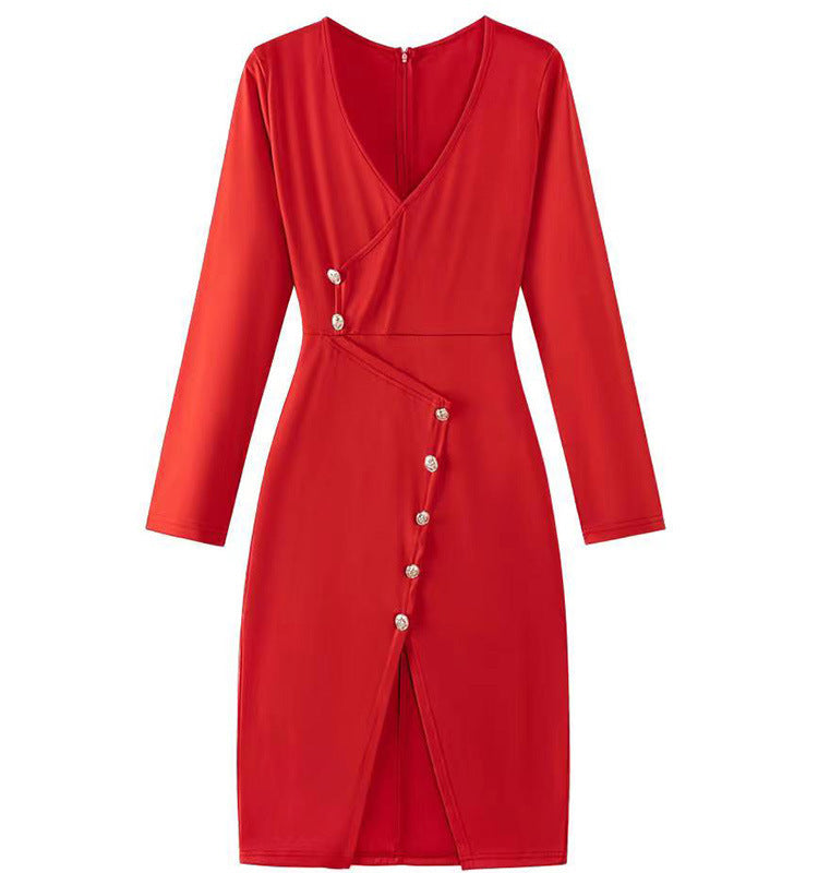 Dame Elegant Wrap Kjole med Knap Detalje Stilla