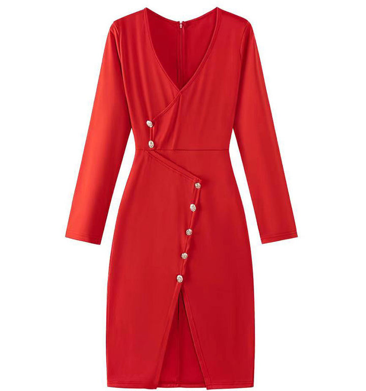 Dame Elegant Wrap Kjole med Knap Detalje Stilla