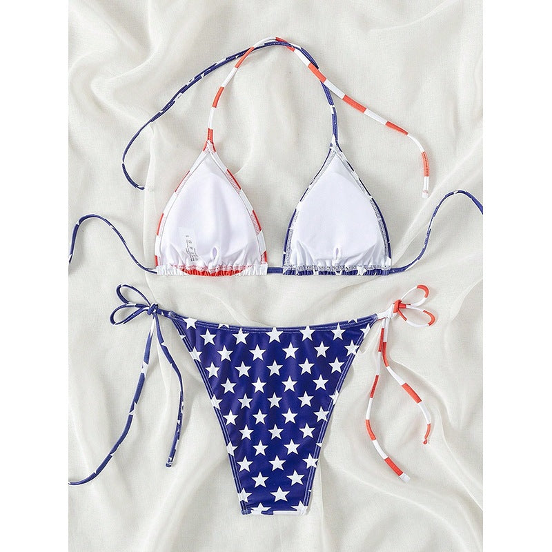 Dame triangel-bikini med stjerner- og stribedesign Skovae