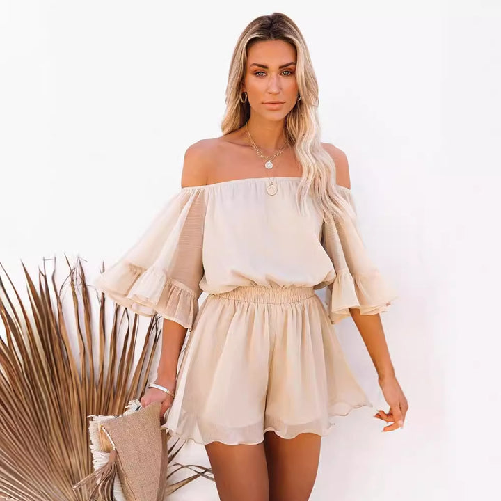 Dame Off-Shoulder Playsuit med Volanter og elastisk Taljeindlæg Stilla