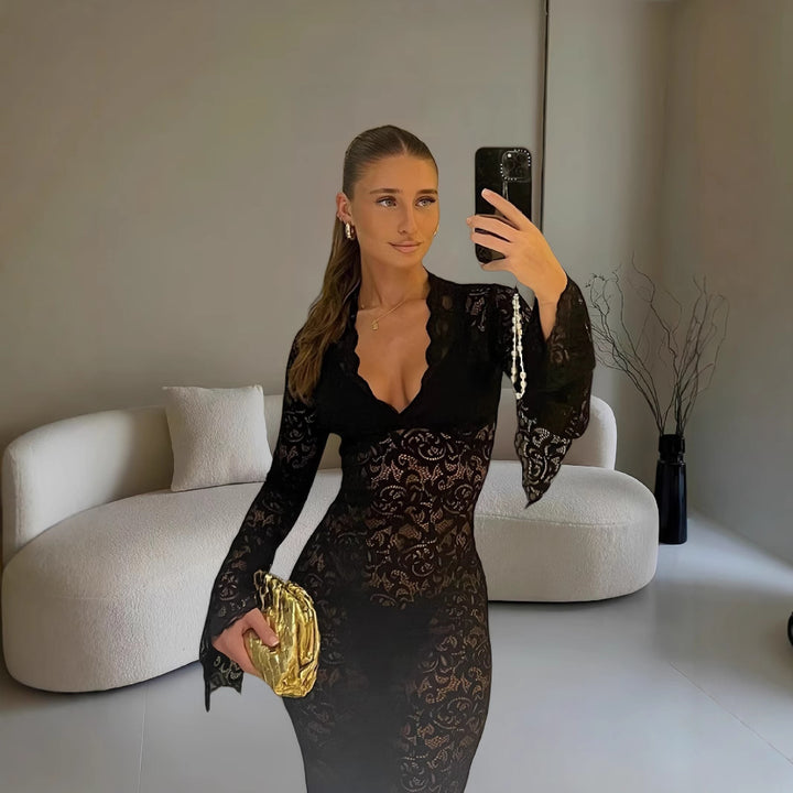 Dame Boho Maxikjole med fine spidspapplikationer Stilla