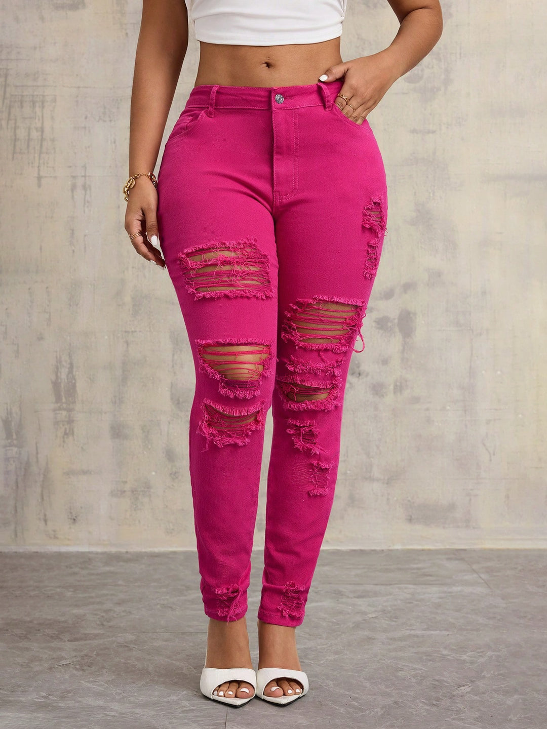 Kvindelige afslappede skinny jeans med ødelagte detaljer og høj talje Stilla