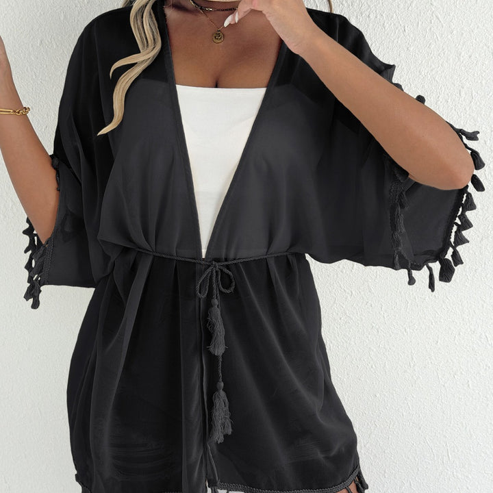 Dame Strandkimono med frynsede detaljer og luftig struktur Stilla