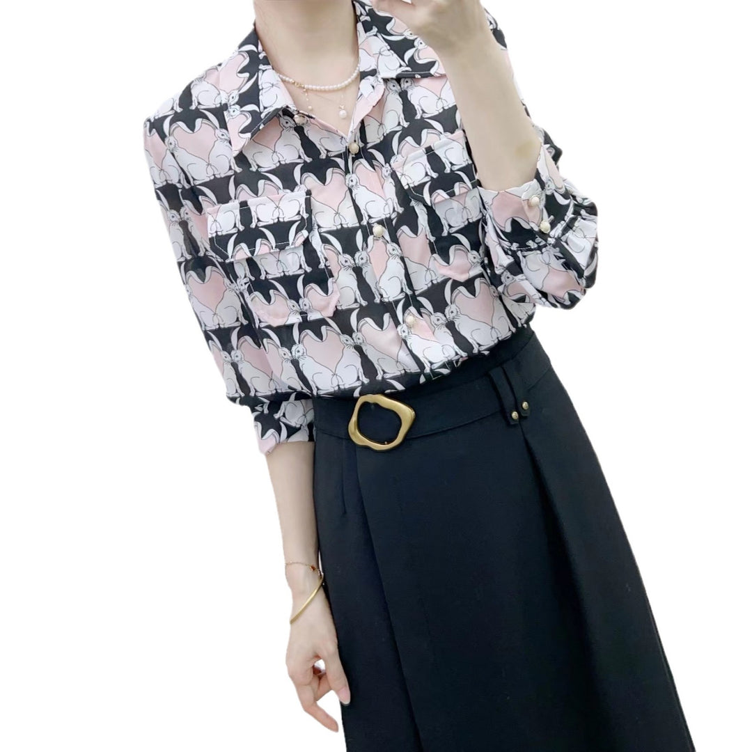 Dame Gennemsigtig Bluse med kunstnerisk Dyremotiv og elegante Detaljer Stilla