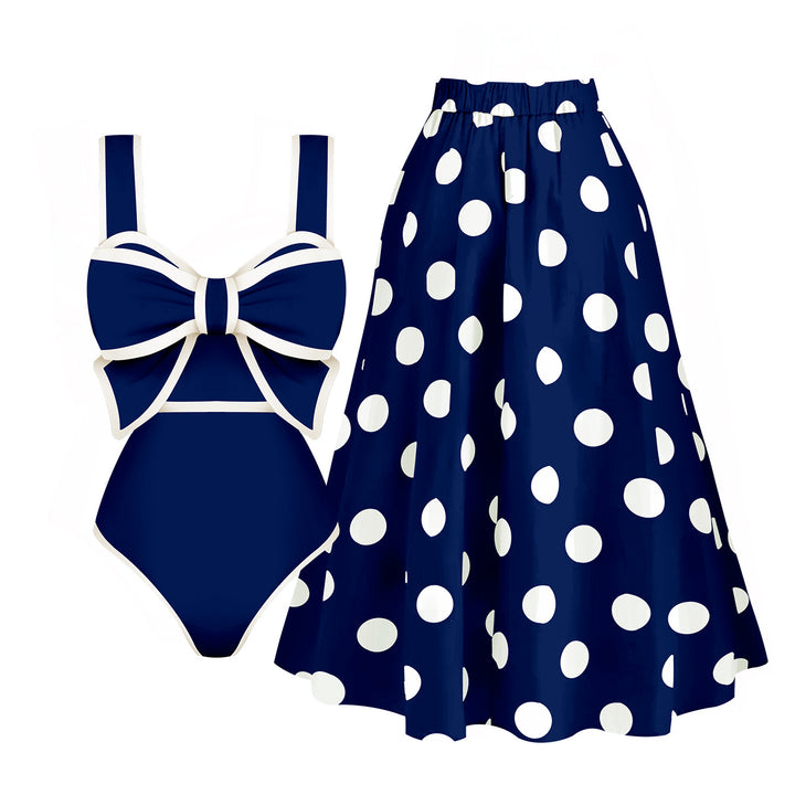 Dame badetøj sæt med flot sløjfe badedragt og elegant polka dot nederdel Stilla