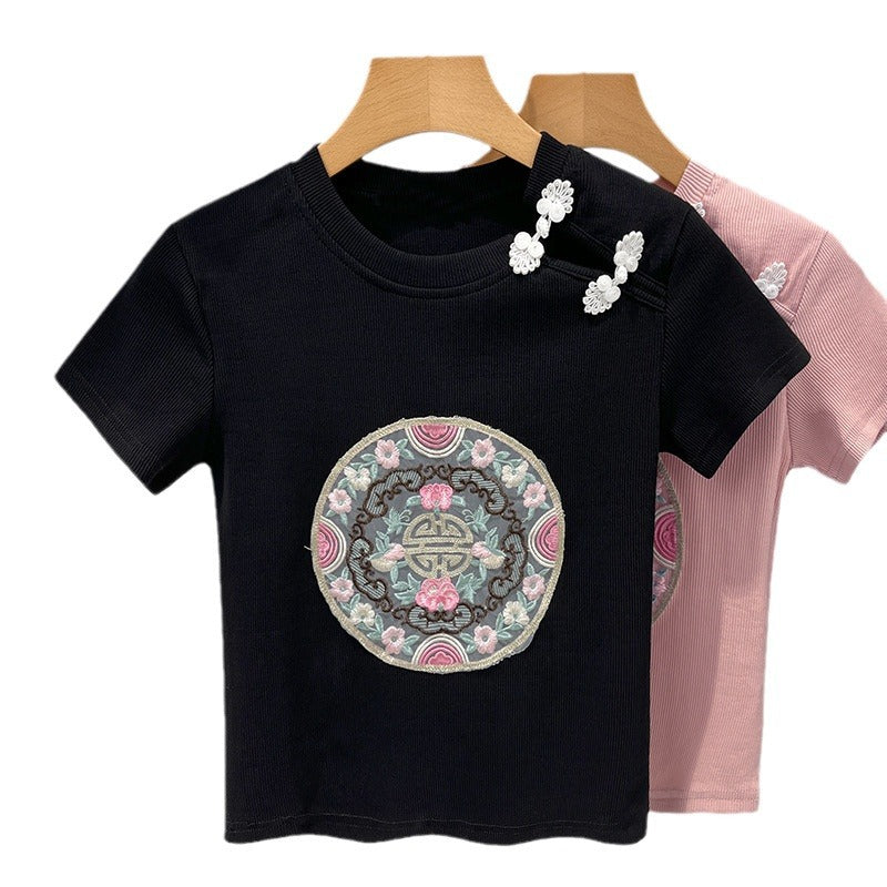 Damer kortærmet T-shirt med kunstnerisk broderi og moderigtigt krave Stilla