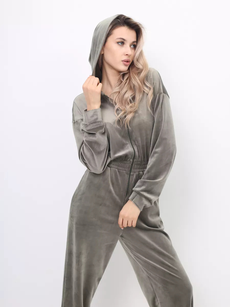 Damer sporty fleece jumpsuit med hætte og elastisk livbånd Skovae