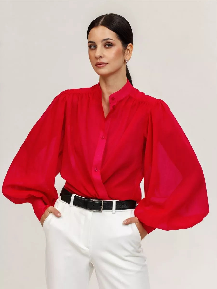Damer Elegant Bluse med voluminøse Puffærmer og gennemsigtigt Stof Stilla