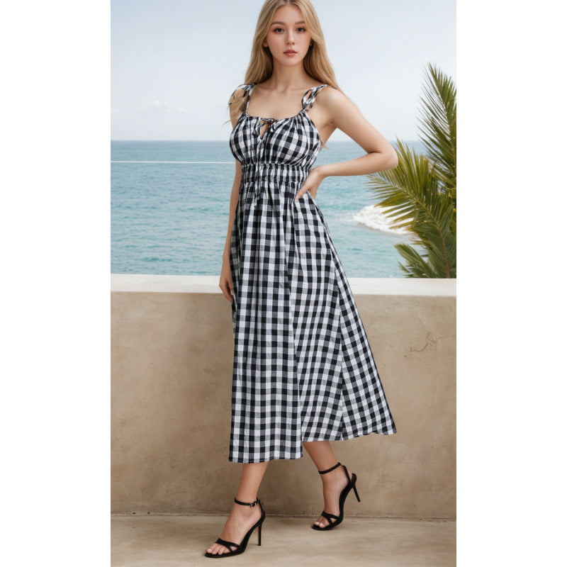 Dame Gingham-print maxikjole med justerbare bindebånd Stilla