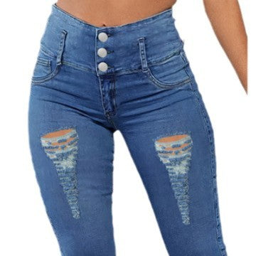Dame Capri Jeans med højtaljet snit og modige riveskader Stilla
