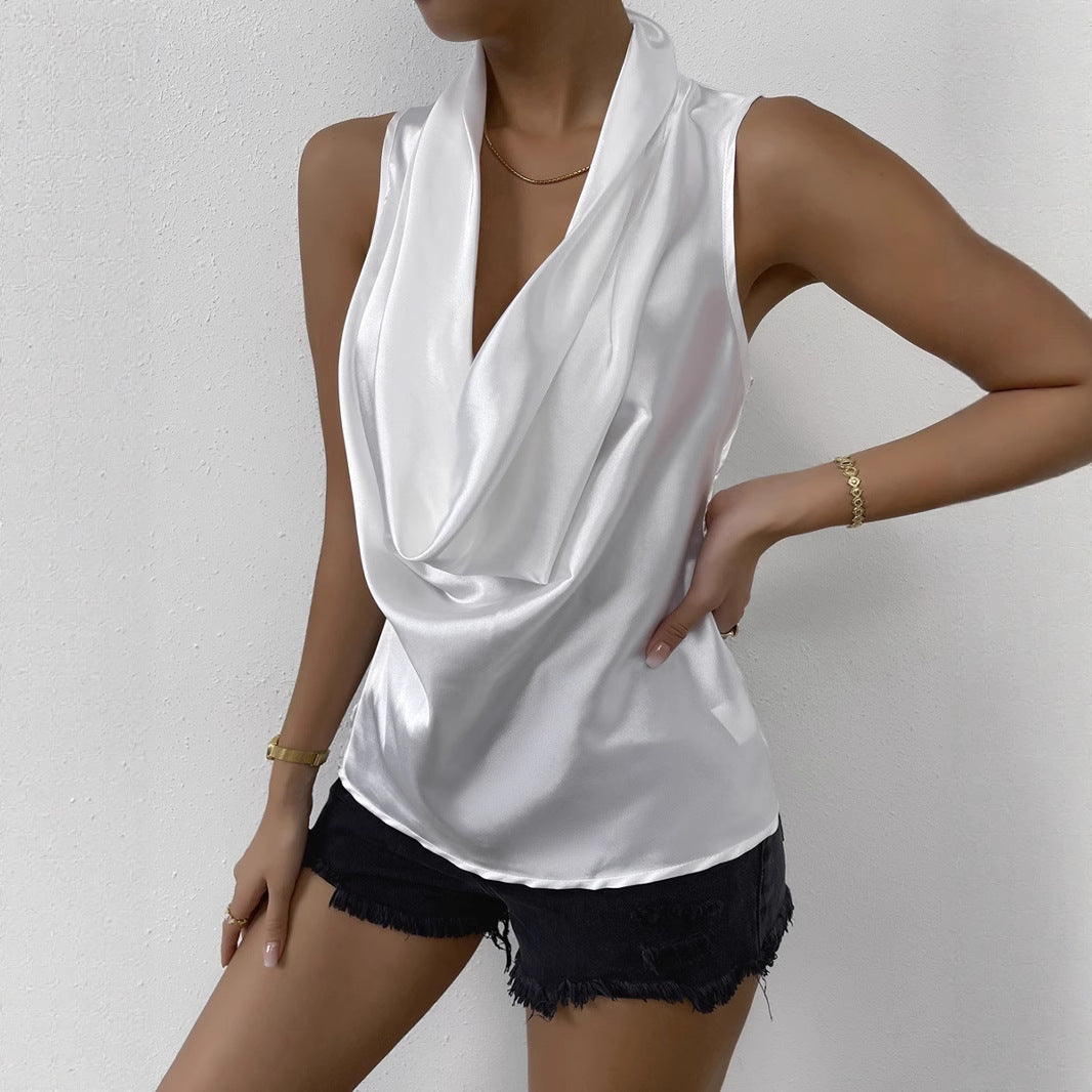 Dame elegant satin top med dyb vandfald-udskæring Skovae